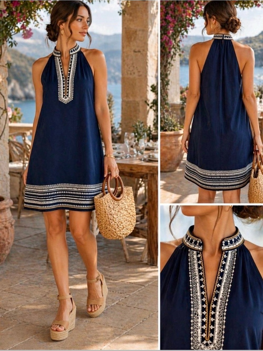 THML Navy Chana sleeveless V-neck embroidered summer shift dress